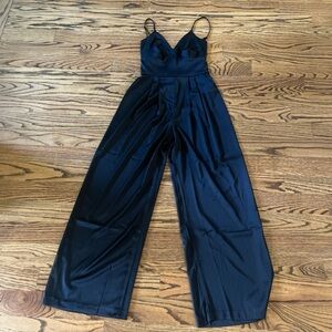 Abercrombie & Fitch Black Satin Spaghetti-Strap Wide-Leg Jumpsuit